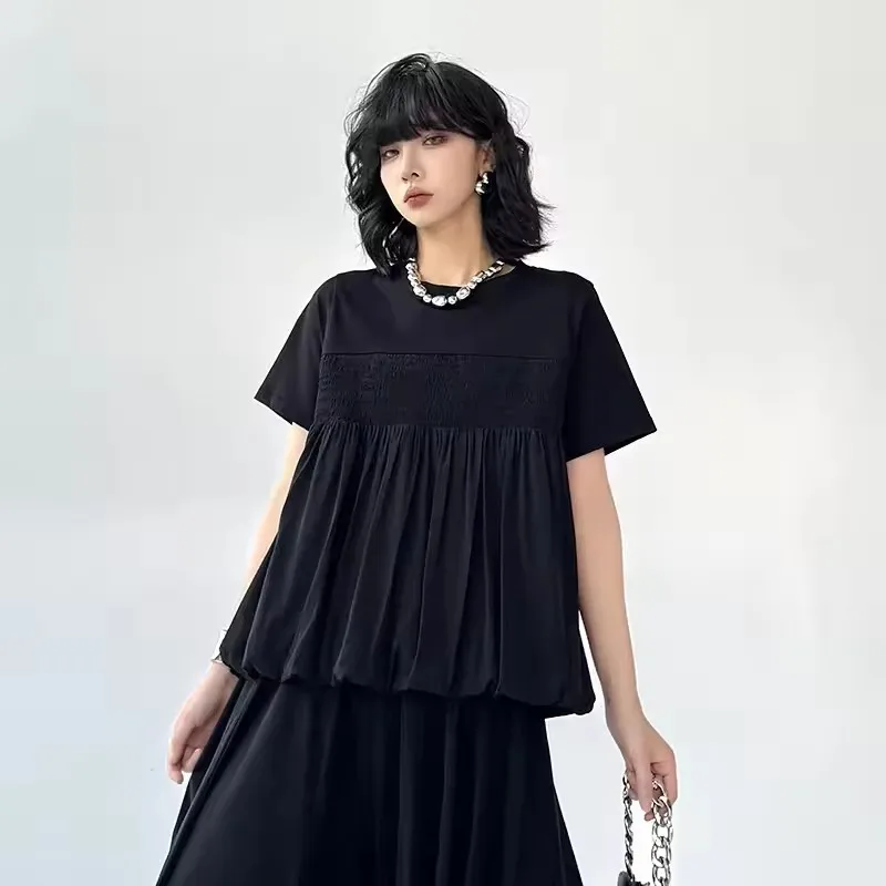 

Retro Japanese Style Pleated Bloom Design Short Sleeve T-Shirt Women 2025 Summer New Korean Fashion O-Neck Casual Loose Top Tee