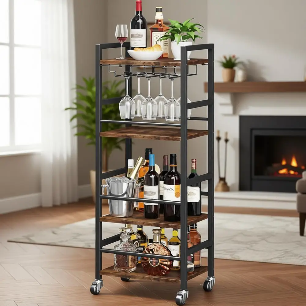 

4-уровневая сервировочная тележка в деревенском стиле, коричневого цвета, с большим объемом хранения и держателем для стаканов, для дома, кухни и столовой