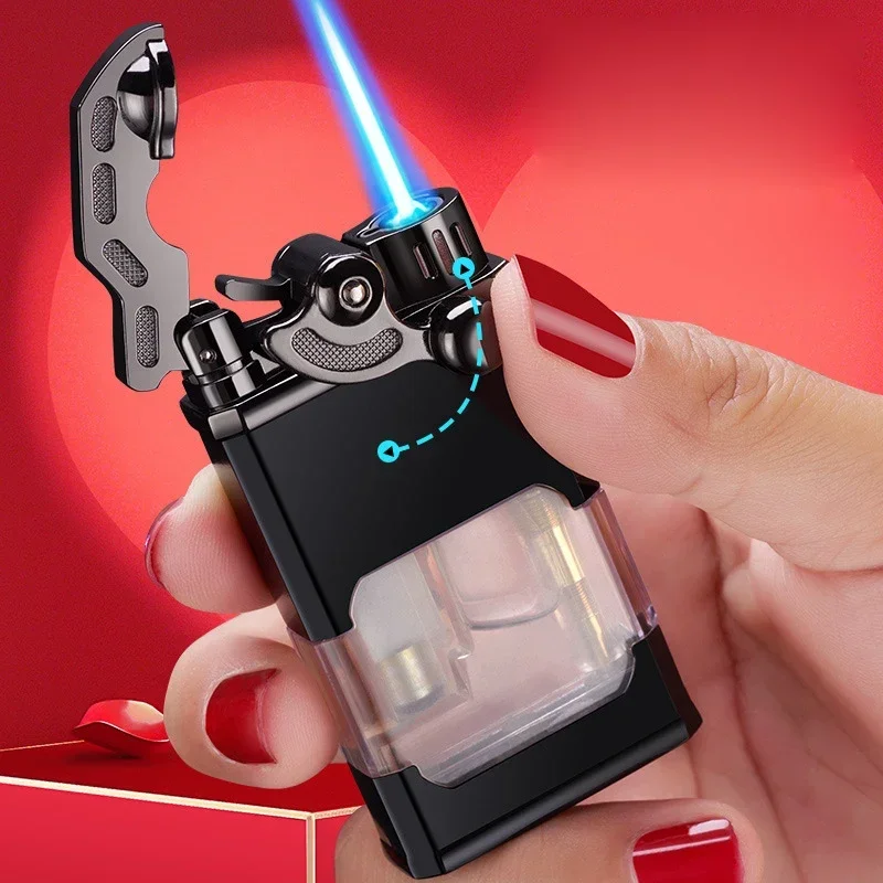 

Metal Rocker Arm Luminous Butane Gas Torch Lighter Transparent Gas Window Windproof Jet Blue Flame Cigar Lighters Smoking Gadget