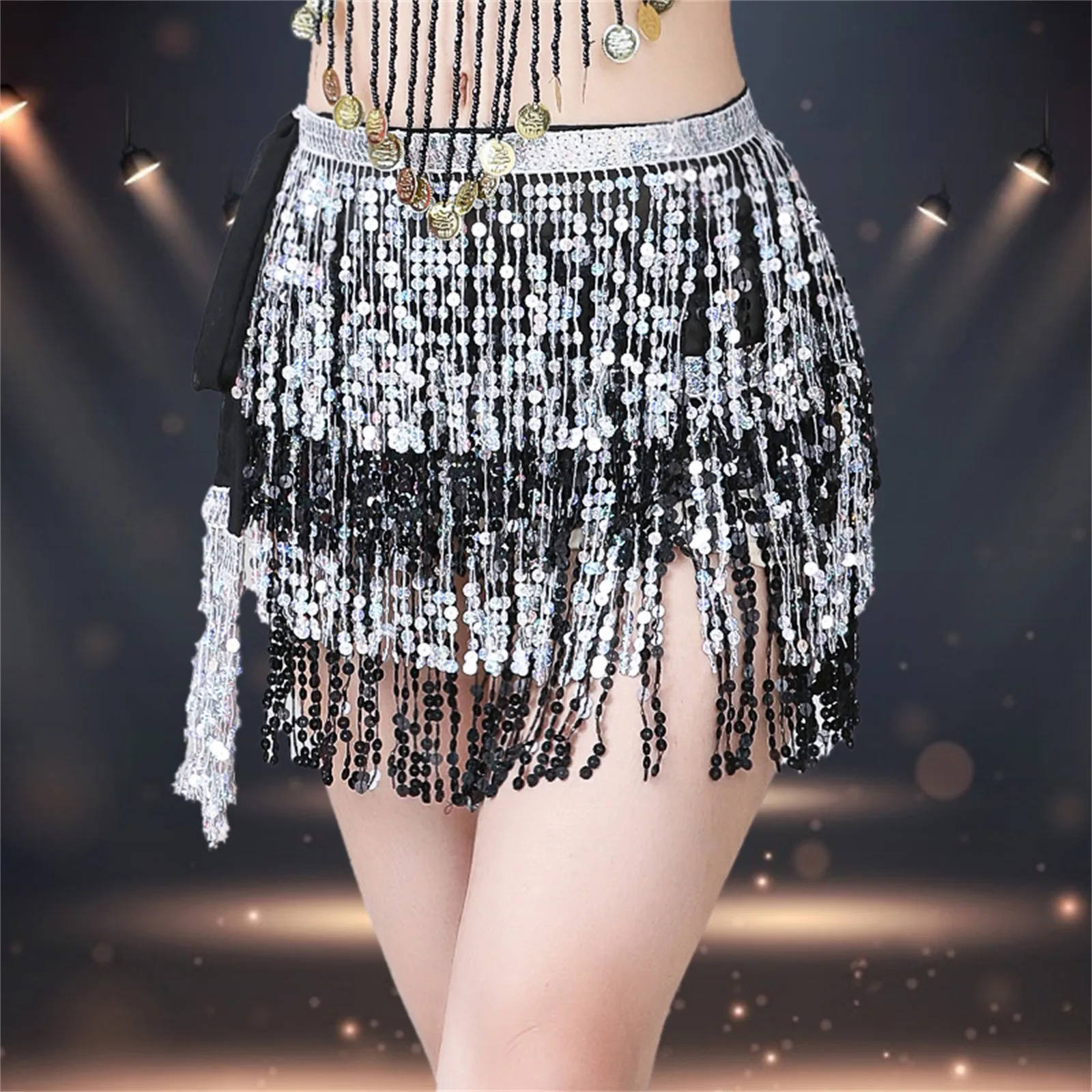 Sexy Women Belly Dance Glitter Swing Sequin Tassel Fringe Hip Belt Waist Skirt Bamba Ibiza Festival Raves Chiffon Wrap Skirt