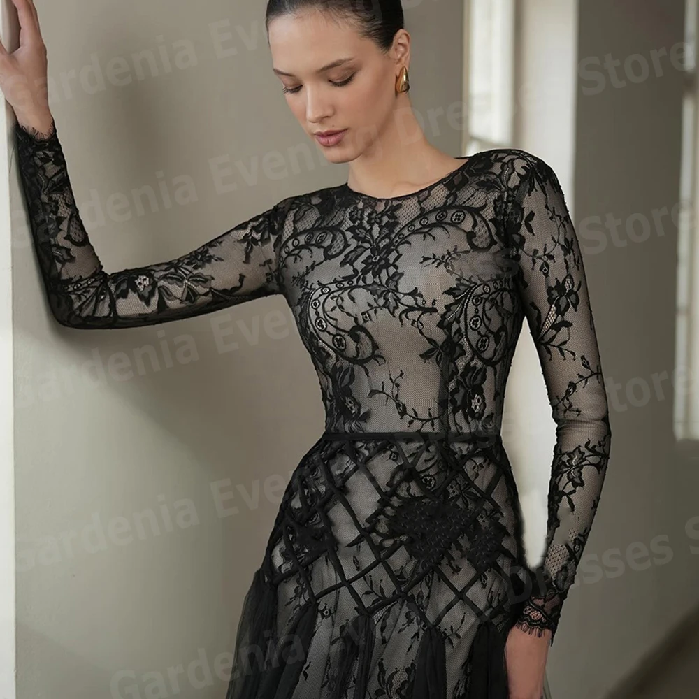 Hermosos vestidos de noche de una línea para mujer, vestidos de fiesta con cuello redondo, vestidos de encaje de manga larga personalizados, vestido de fiesta