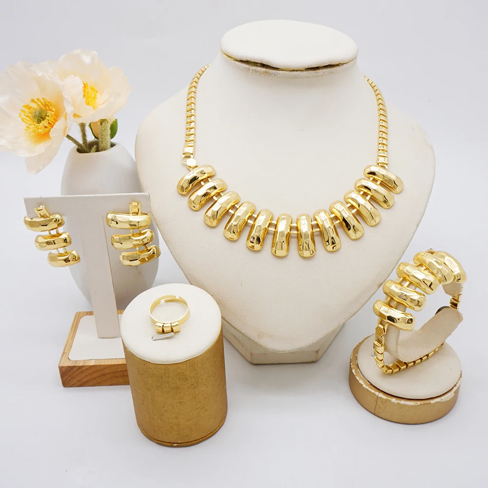 Dubai Ethiopian Style Gold Color Jewelry Sets Necklace Earrings Bracelet Rings Sets Suitable For Women Wedding Banquets