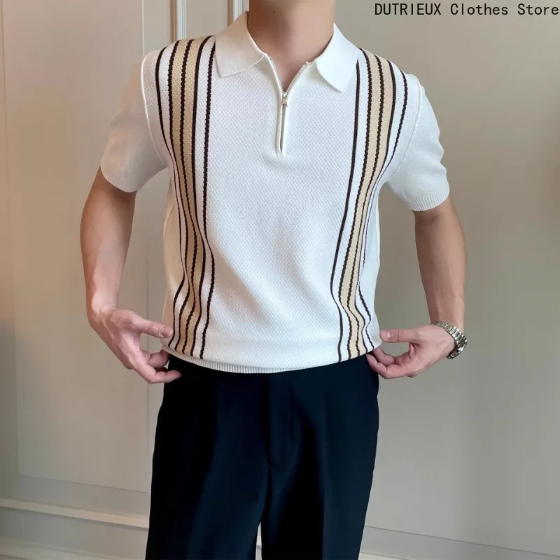 

Stylish Mens Striped Knitting Polo Shirts 2025 Summer Trendy Zip-up Polo Neck Knit Shirt Men Clothes Vintage Short Sleeve Polos