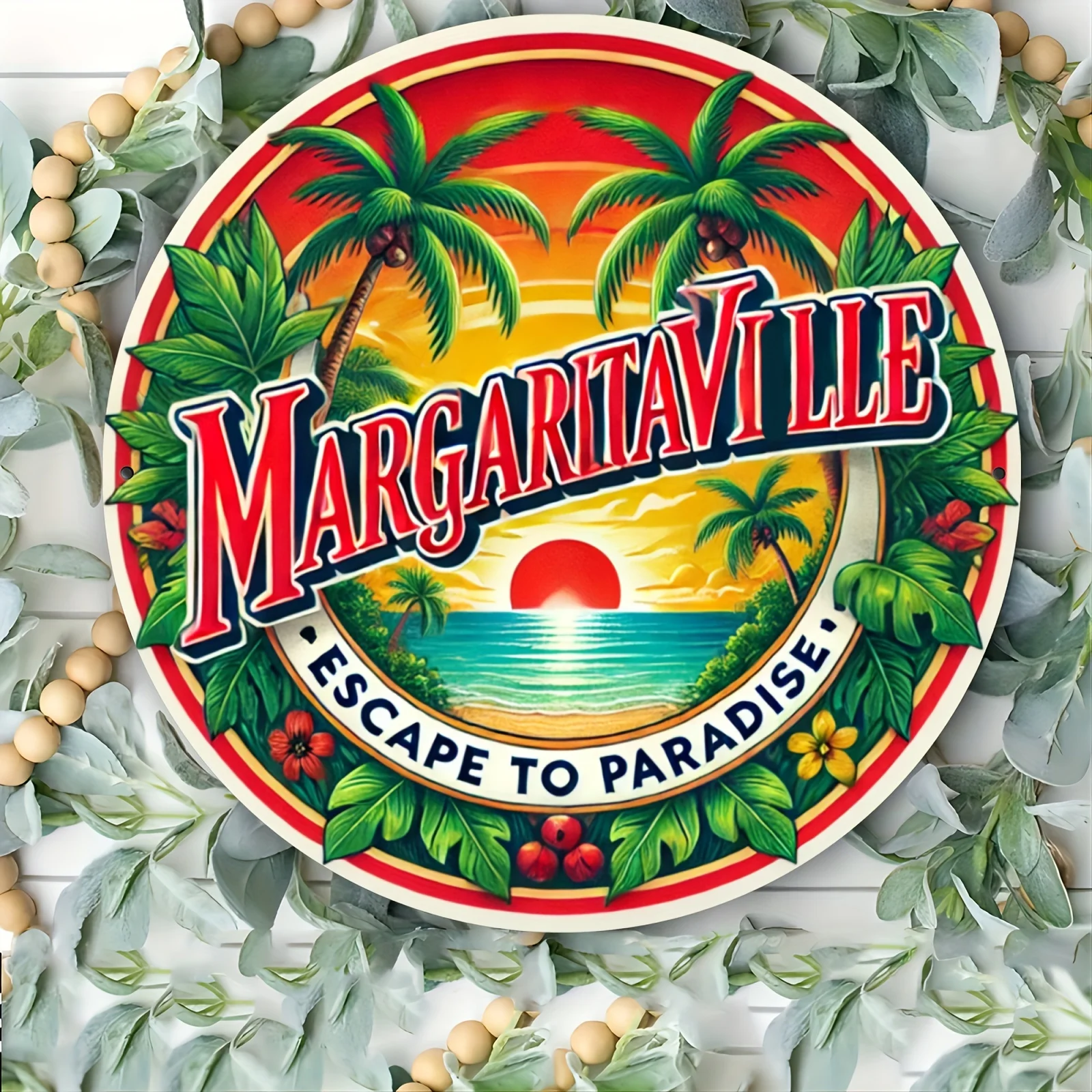 Margaritaville Escape to Paradise - Letrero redondo de aluminio para pared de 19,81 cm para el hogar, bar y cafetería |   Perfecto para Halloween, Navidad