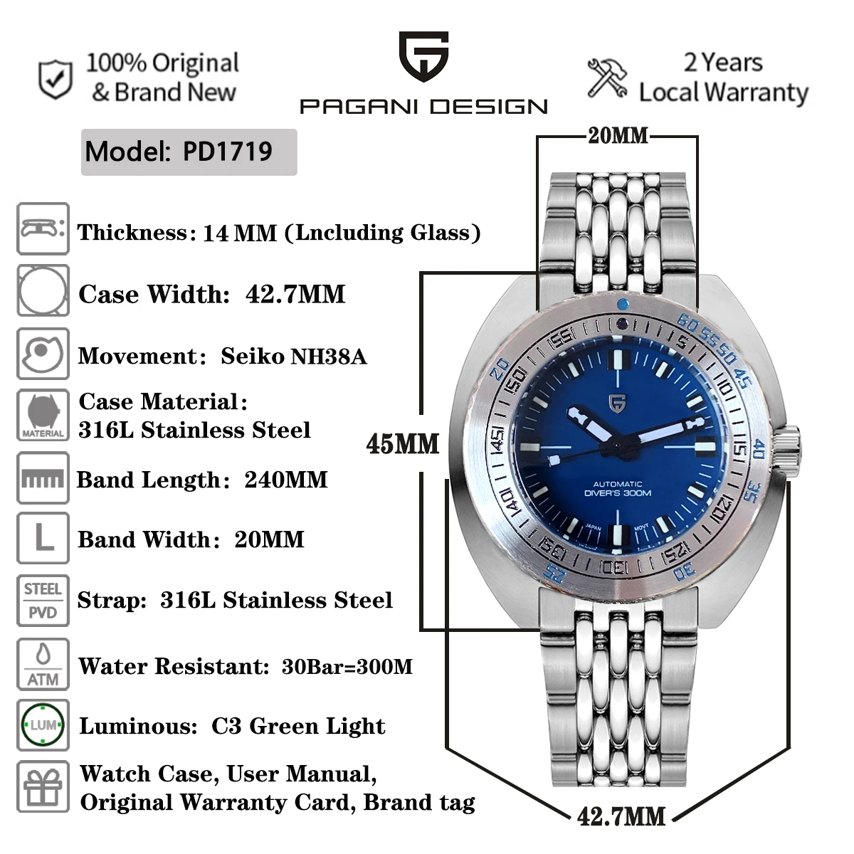 PAGANI DESIGN Men Automatic Mechanical Watches Luxury Fashion Sapphire Stainless Steel Waterproof AR Watch For Men reloj hombre