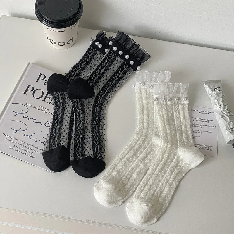 1 Pair Summer Thin Mesh Beaded Lace Trim Mid-Calf Socks for Women Breathable Sweet Princess Glass Silk Sock Cute Versatile Sock