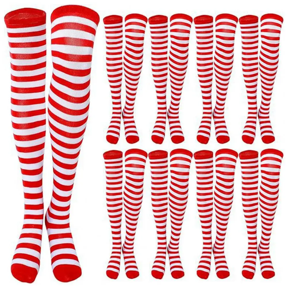 Soft Striped Socks 3 Pairs Green White Striped Stockings with High Elasticity for Holiday Christmas Stage Performance Party Over