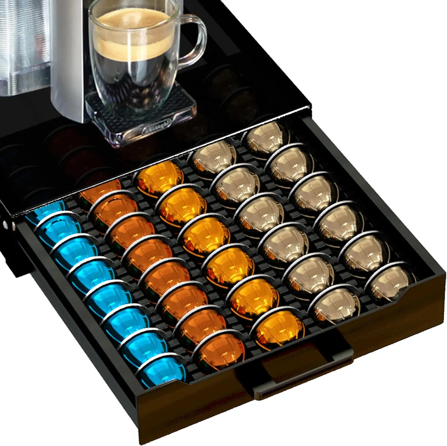

Coffee Pod Holder Drawer Organizer with Deluxe Black Tempered Glass Top, Compatible for Nespresso Vertuo Pods, Holds up to 75 Sm