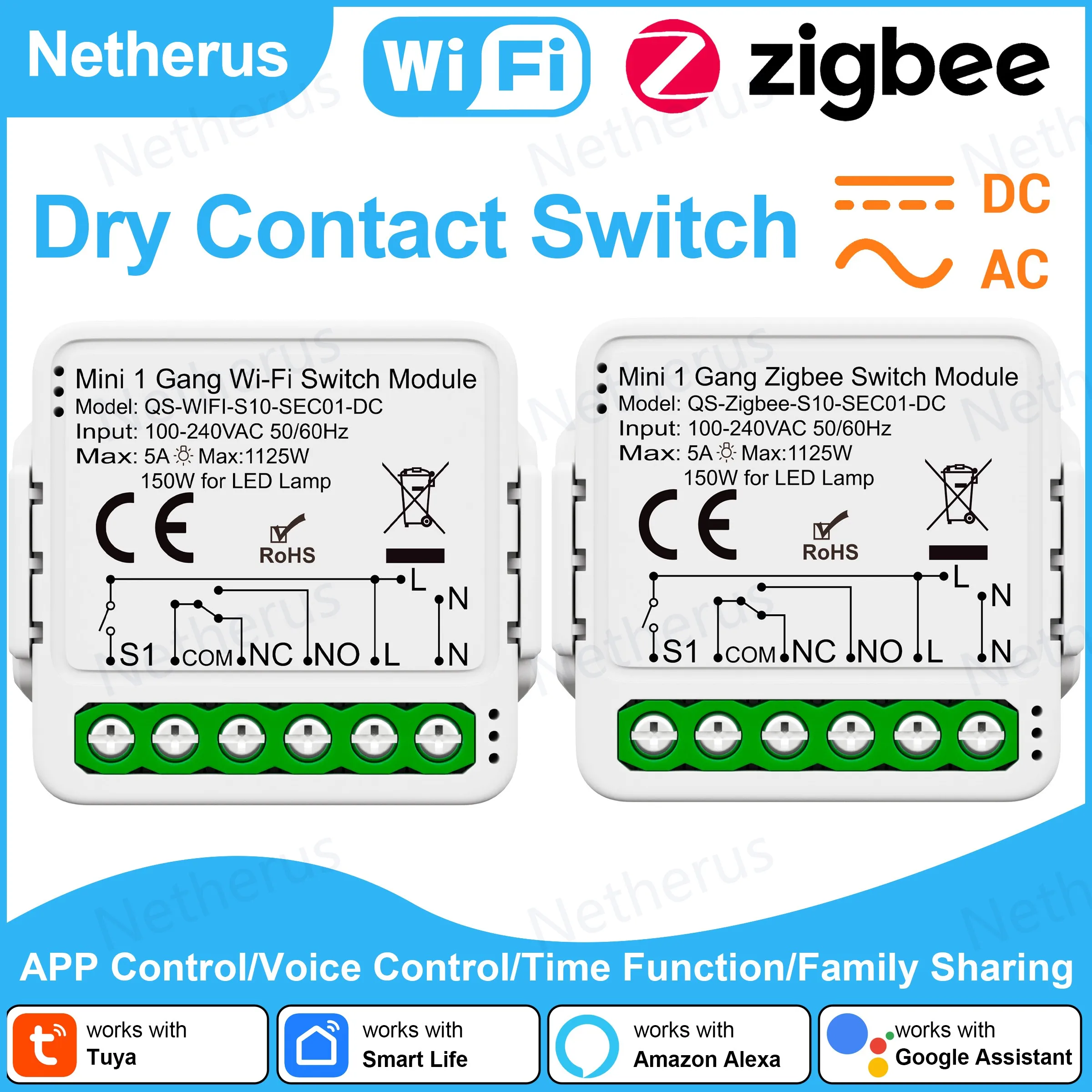 Tuya ZigBee WiFi Smart Switch Module Dry Contact DC 12/24V AC 100-240V Smart Home DIY Breaker Relay Work with Alexa Google Alice
