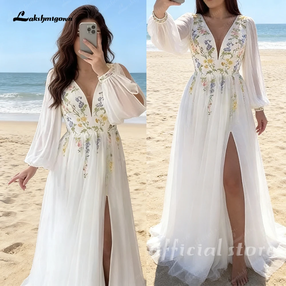 Lakshmigown Stickerei Blumen V-Ausschnitt Puffärmel Hochzeitskleid Chiffon Bodenlanges A-Linien-Abendkleid Maßanfertigung – Detail 6
