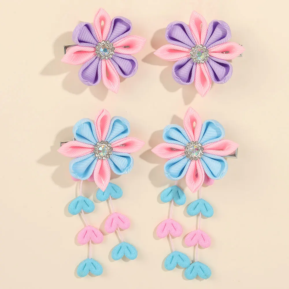 2Pcs Pink Ribbon Floral Hair Clips Love Heart Tassels Hairpin Handmade Stain Flower Barrettes Kids New Headwear Children Gifts