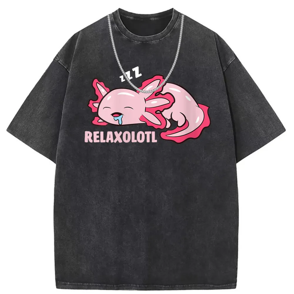 Relaxolotl Man T-shirts Unisex England Style Long Sleeve Tee Shirt Men Vintage Printed Washed Cotton Sweatshirts Unisex Tops