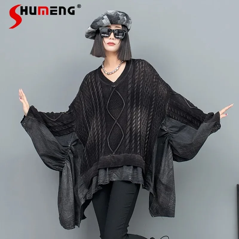 Unique Design Old Twist Weaving Splicing Ruffle Edge Ovesized Loose Casual Bat Sleeves V-neck Knitted Sweater Autumn 2024 Female