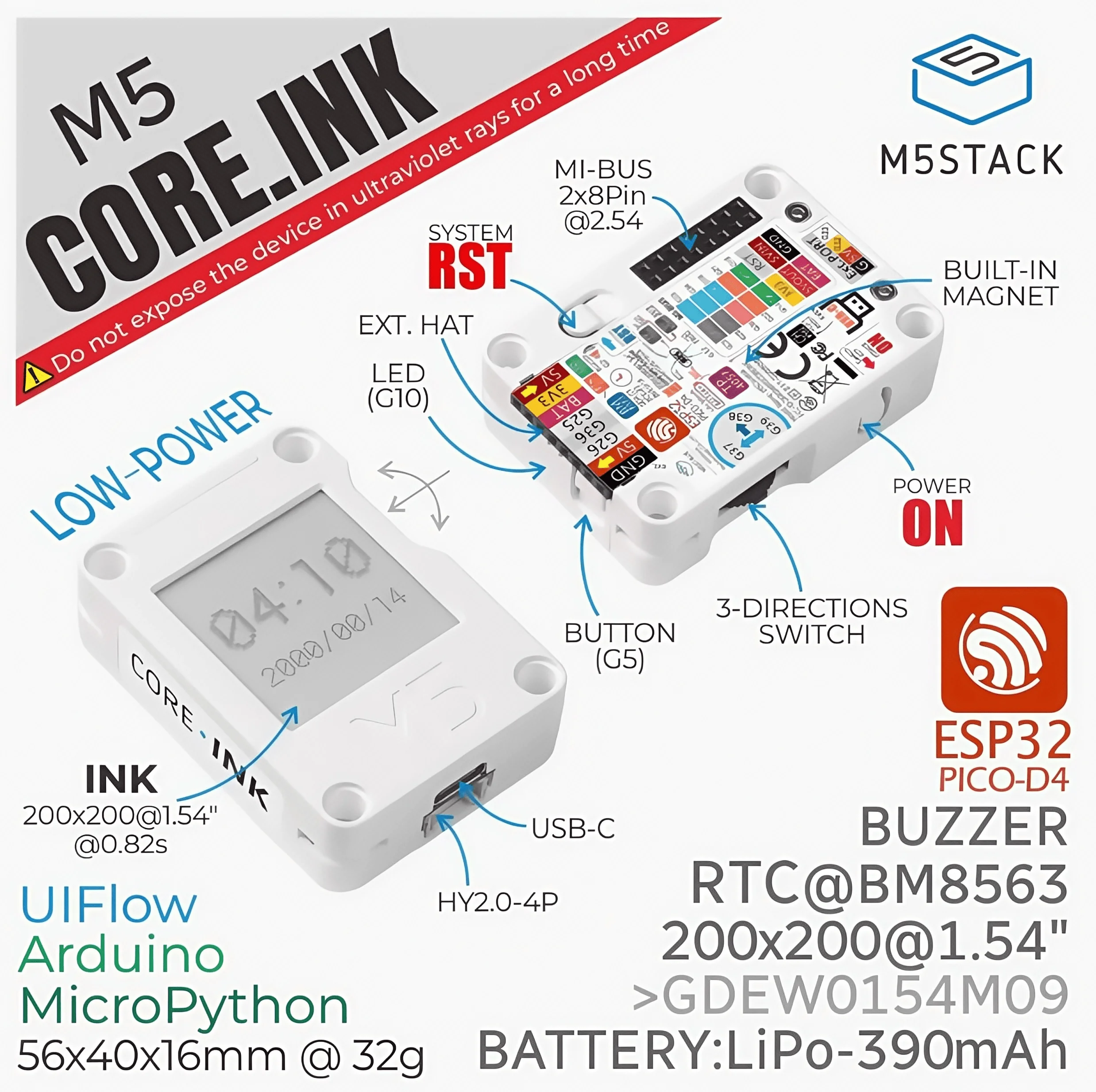 

Плата разработки экрана M5Stack CoreInk E-ink 1,54-дюймовая электронная бумага малой мощности ESP32