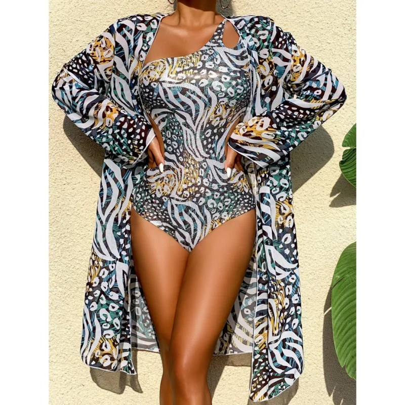 

Retro Print Gold Emed One-Piece Swimsuit Long Sve Hollow out Design Thermal Spa Two-Piece Set Cross-Border Swimwear