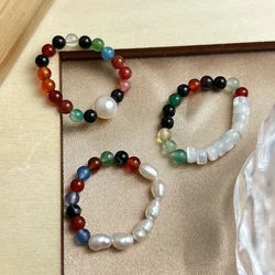 Women's Natural Stone Freshwater Pearl Shell Ring Set Elastic Line Adjustable Ring Stylish Simple Wedding Jewelry Gifts
