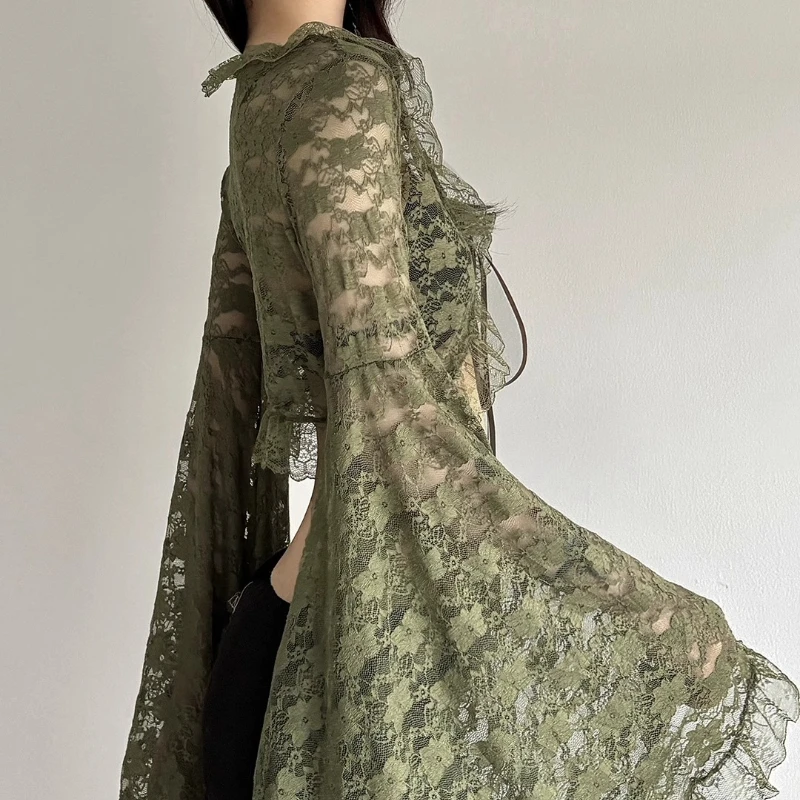 خريف جديد الأخضر الخامس الرقبة تفريغ الدانتيل الربط متوهج كم المرأة معطف فاسق تصميم مثير الساخن فتاة سترة سترة السيدات