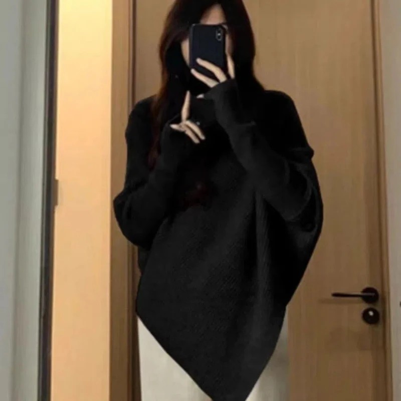 2024 Autumn Winter Solid Color Gentle Bat Sleeve Design Sweater Irregular High Collar Sweater Korean New Lazy Knitted Pullovers