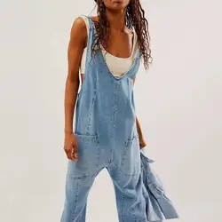Women Casual Jumpsuit Women Denim Overalls Stylish Women's Solid Color V-neck Jumpsuit with Adjustable Straps for Streetwear