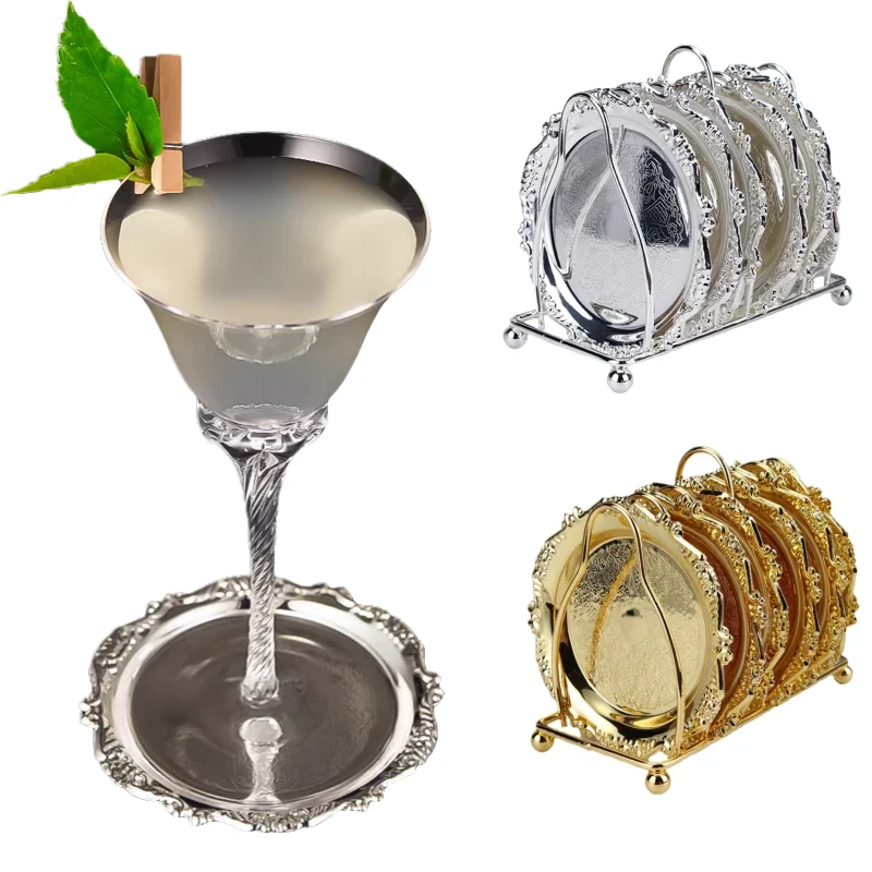 

6pcs mat + 1pcs holder Wood Coasters Table Cup Mat Kitchen Mat Pad For Bar Cocktail For Table Black Water Proof Stainless Steel