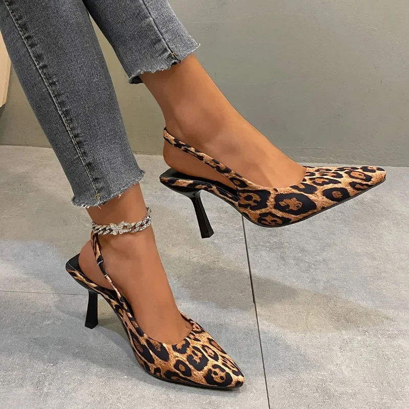 Sexy Pointed Leopard Slingbacks Women Shoes Spring Summer High Heels Temperament French Short Heels Single Shoes Fashion Sandals