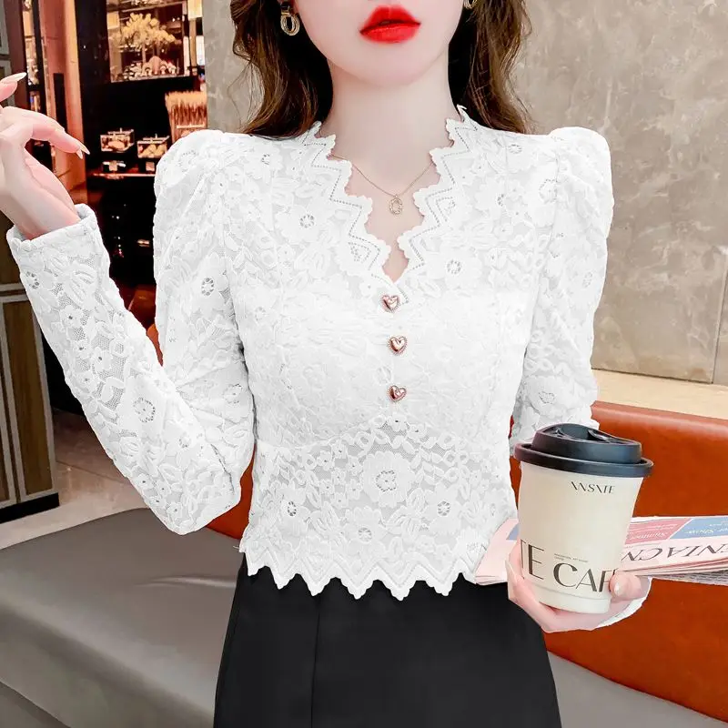 Spring Autumn Women\'s Pullover Lace Button Floral Patchwork Long Sleeve Asymmetrical T-shirt Casual Elegant Undershirt Tops