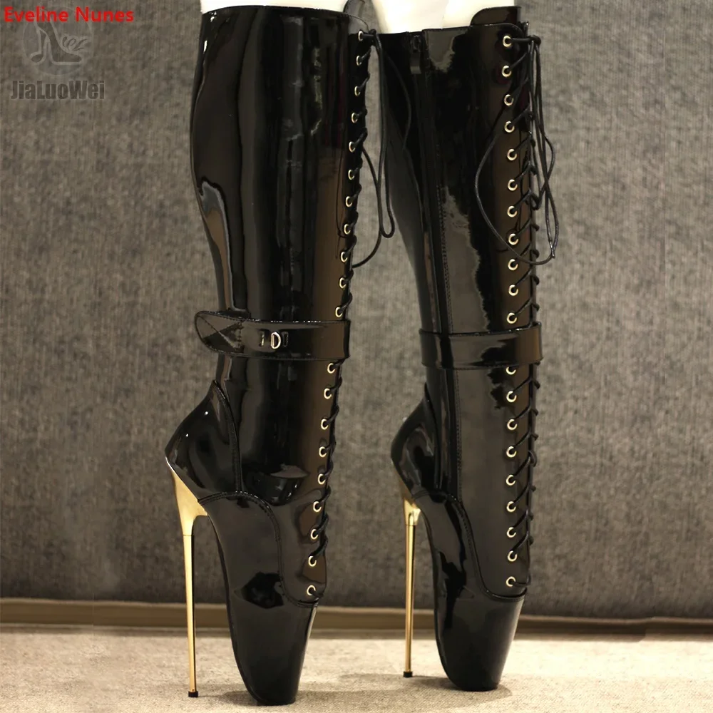 

Ballet Lace Up Mid Boots New Arrival Women's Solid Summer Round Toe Super Metal Thin Heel 20CM Fashion Sexy Black Shoes