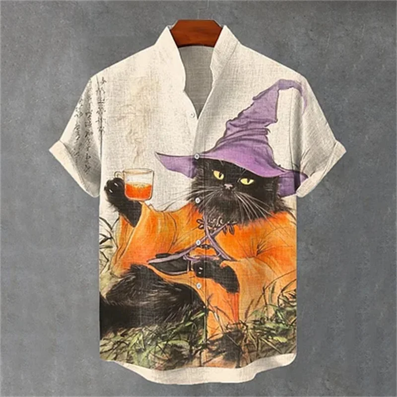 

Men's retro cat riding dinosaur battle print fun cat hugging basketball and dinosaur riding art shirt Black Cat Wizard Halloween