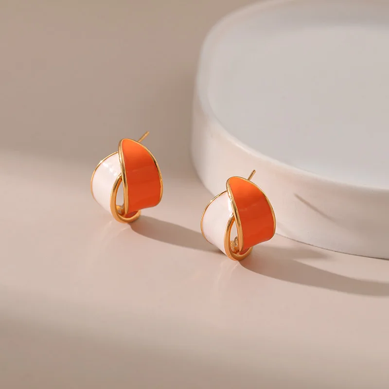 Irregular French Drip Earrings Fashion Color Block 18k Gold Plated Orange Stud Earrings For Young Girls Blue Temperament Jewelry