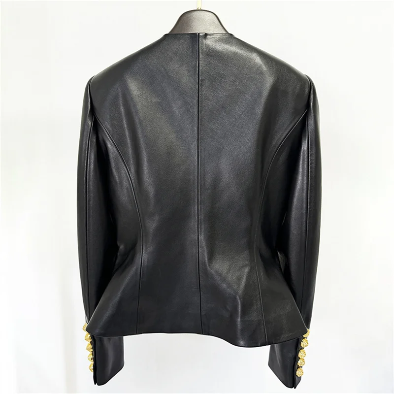 Women's leather jacket New autumn 2025 single breasted slim fit round neck long sleeved top Artificial leather PU women's coat
