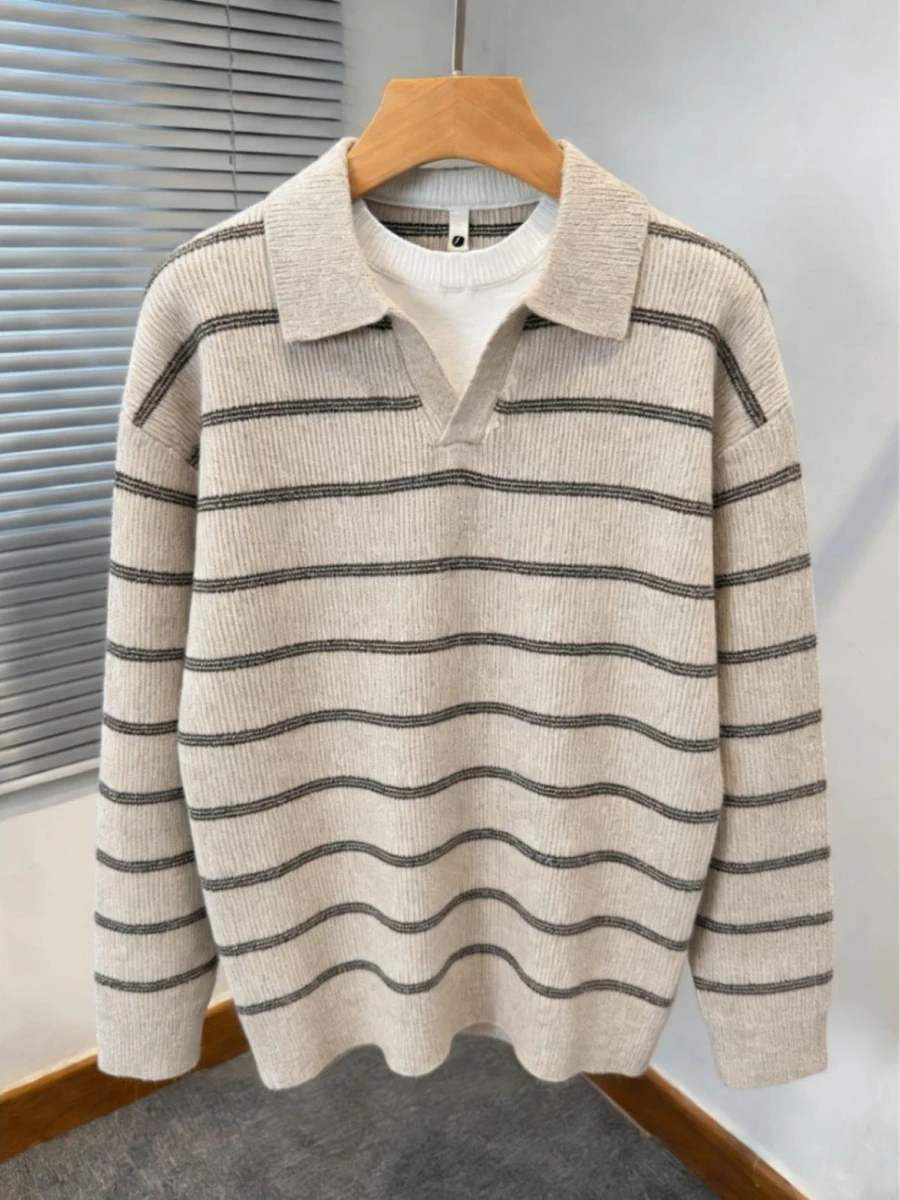 

Men's Casual V-Ne Collar Knitted Sweater Stripe Pattern Autumn Winter Faion Comfortable Long Sve Top