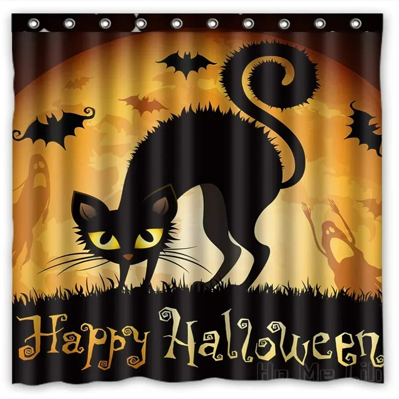 Happy Halloween Black Cat Bat All Saints Day Ghost Moon Wasserdichter Badevorhang aus Polyestergewebe von Ho Me Lili