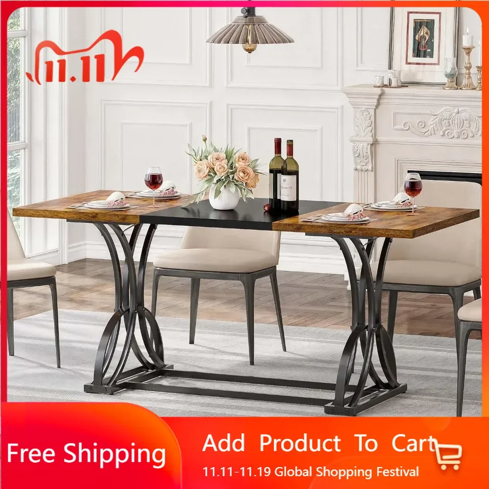 Large dining table can accommodate 6-8 people, rectangular and rustic wooden style dining table with heavy metal legs