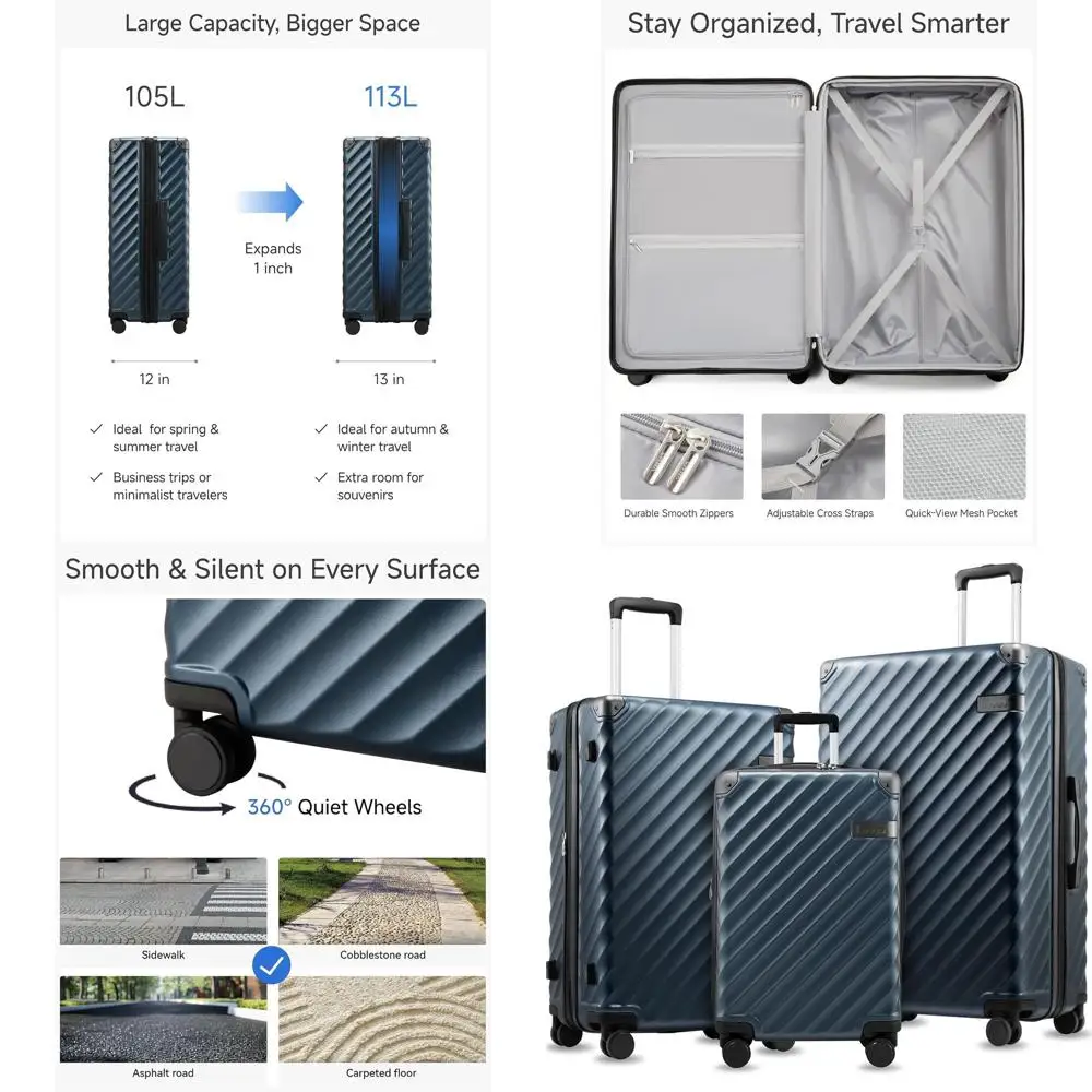 

Expandable Hard Shell Spinner Luggage Set, 3-Piece Suitcase Collection in Navy Blue