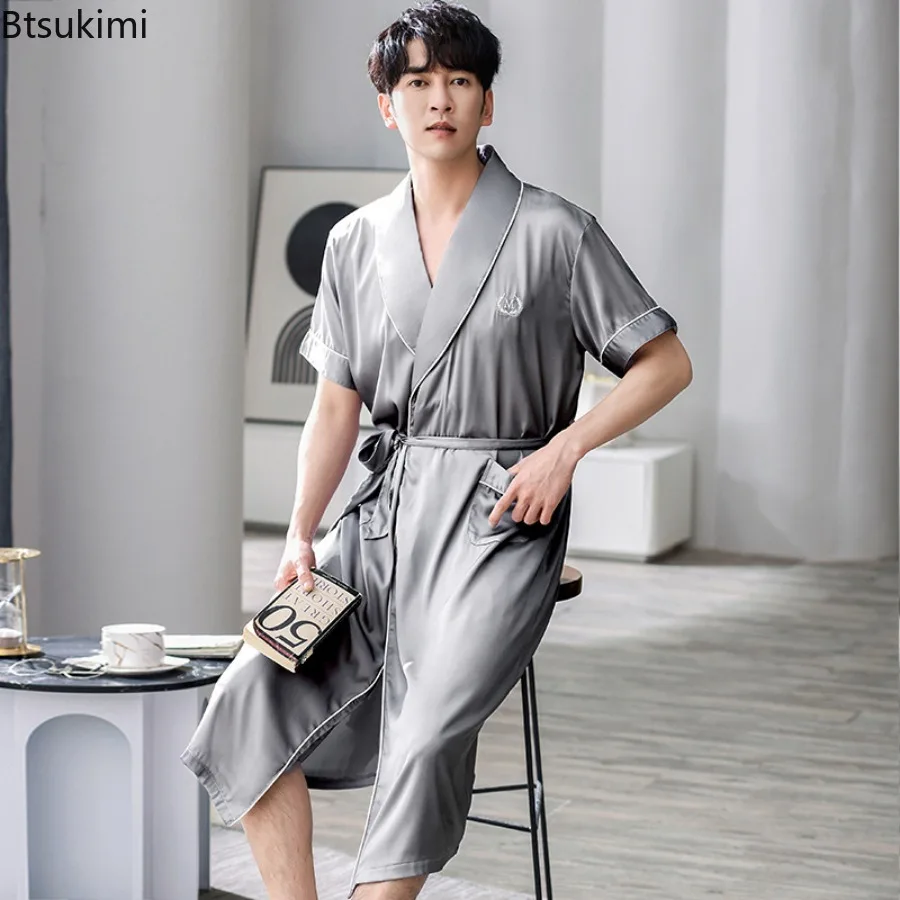 

2025 Men's Summer Soft Ice Silk Bathrobe Dress Thin Style Half Sleeve Solid Robe Big Size Fashion Elegant Kimono for Gentleman