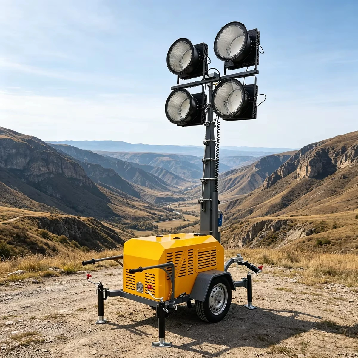 Mobile Lighting Tower Trailer Towing Design Large Fuel Tank 24 Hours Continuous Working Bridge Construction  Lighting Equipment