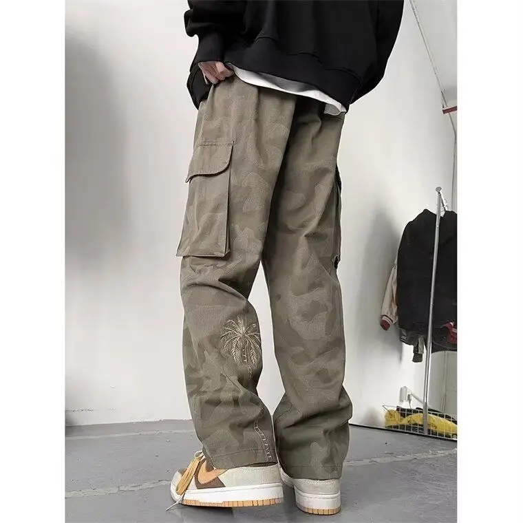Washed Camouflage Work Pants American Retro Military Green Embroidered High Street Versatile Straight Casual Trousers