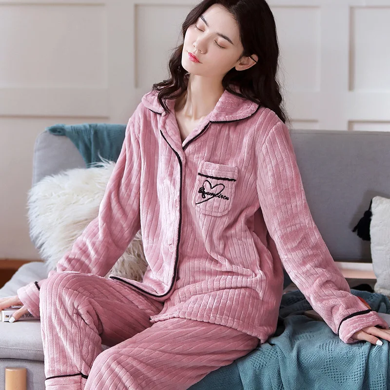 New Ladies Autumn Winter Sleepwear Warm Thickened Pajamas Set Flannel Soft Casual Nightwear Long Pants Homewear Pajamas