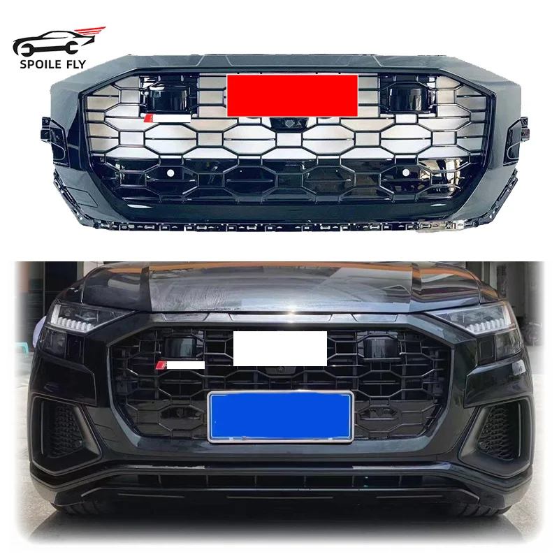 

2018 2019 2020 2021 2022 2023 For Audi Q8 SQ8 Sline Front Sport Honeycomb Hood Grill Hihg Quality ABS Body Kit Gloss Black ACC