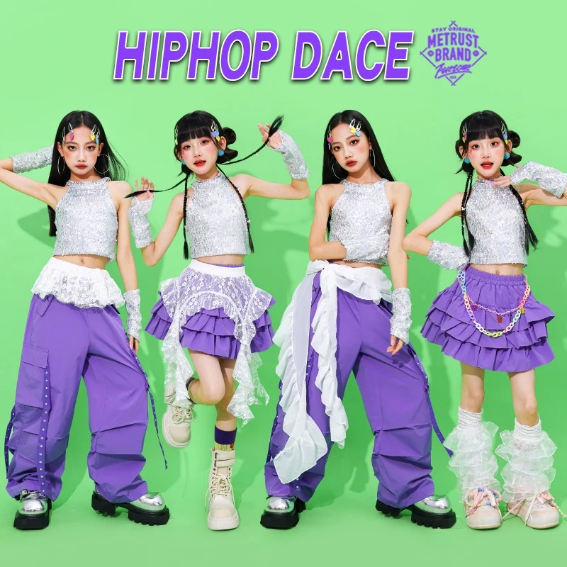 Pailletten Jazzdans Kleding Meisjes Toneelkostuum Kpop Outfit Paars Hip Hop Broek Taart Rok Kid Fashion Street Dancewear AMY2297