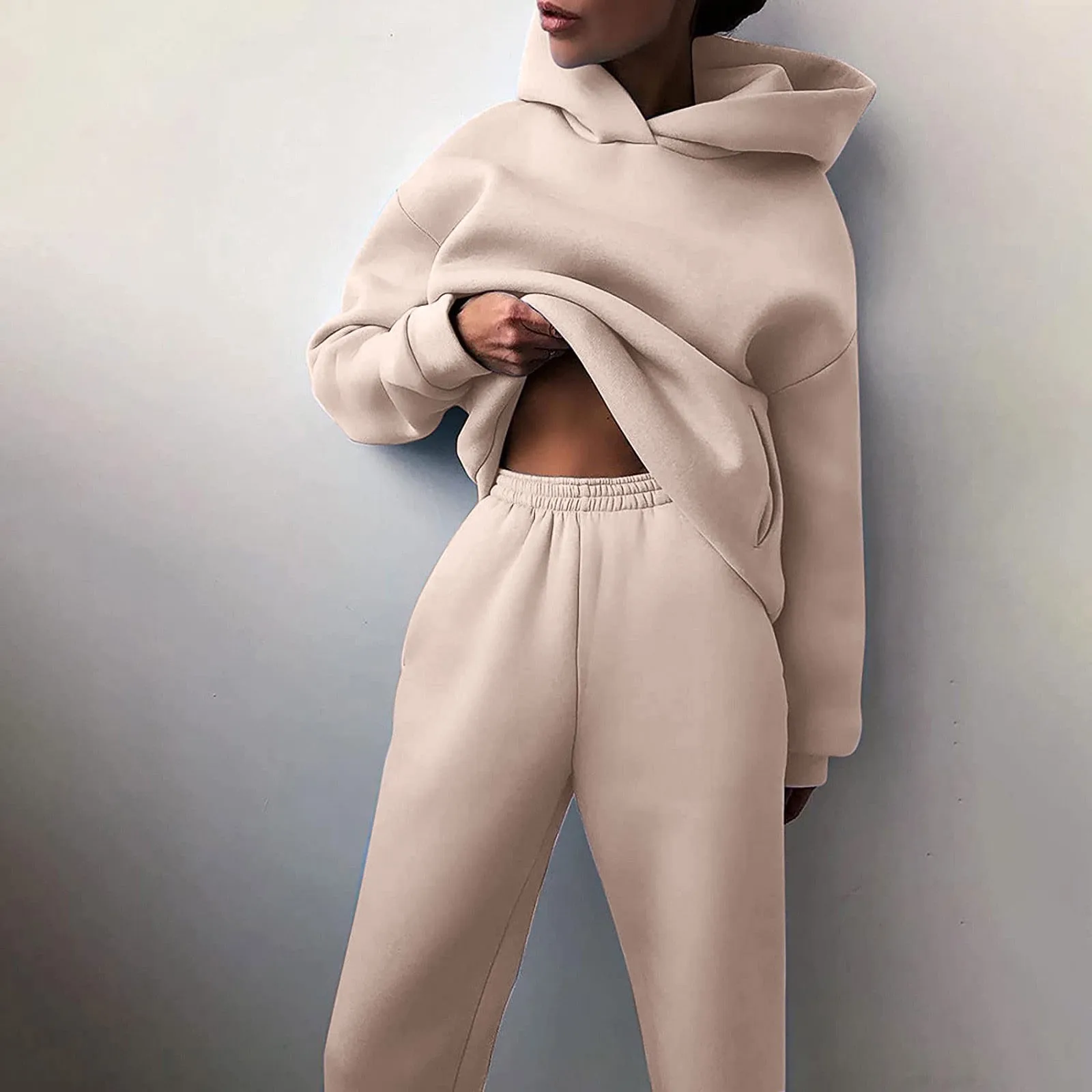 

Women's Solid Color Casual Fashion Long Pants And Thick Long Sleeve Hoodie Two Piece Suit Simplicity Temperament Pantsuits