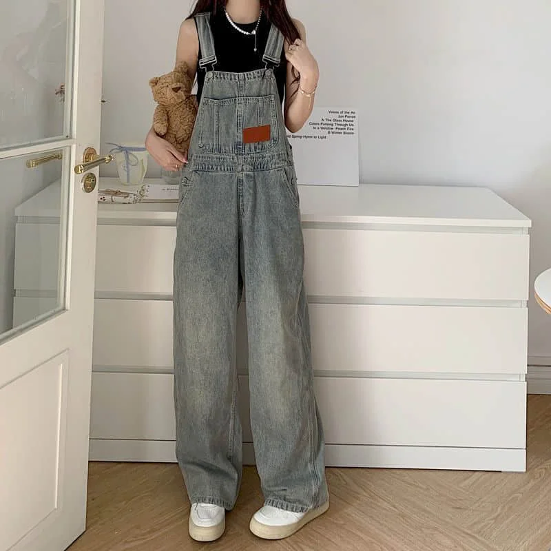 Jumpsuits for Women Harajuku Make Old Denim Full Length Straight Pants One Piece Outfits Women Rompers Casual Vintage Playsuits