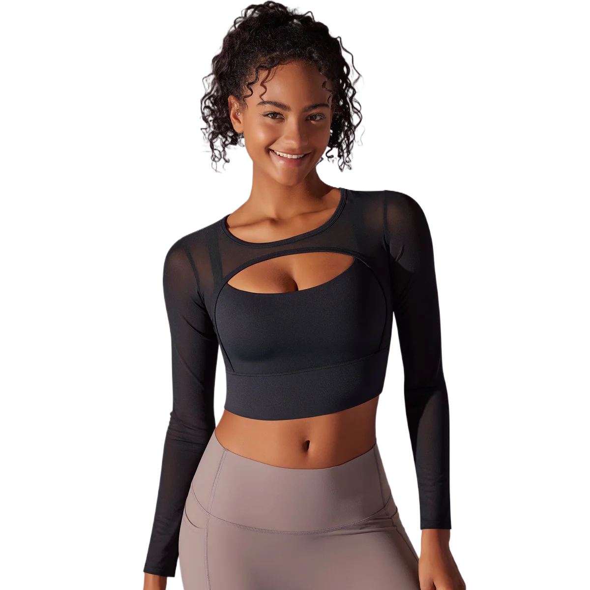 

Chest Hollow Mesh Long Sleeve Patchwork Yoga T-shirt with Chest Pad Running Sports Bra One-piece Cup Fitness Clothing Crop Top
