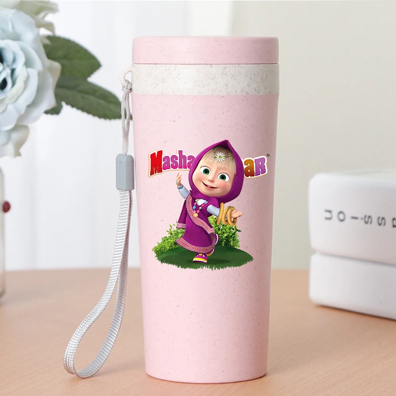 350ml Mashas and The Bears Water Cup Cartoon Character Crystal Stickers Drinking Glass Student Kawaii Portable Kettle Kids Gifts