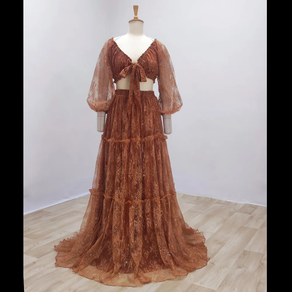 

Maternity Gown For Photo Shoot V-neck And Off Shoulder Lace Dress Two-piece Set Boho Pregnant Dress Photography Dress For Women