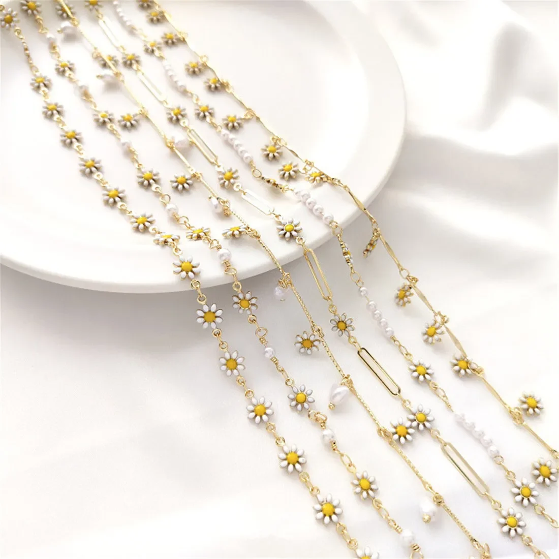 14K Gold Wrapped Small Daisy Pearl Flower Chain Handcrafted DIY Homemade Bracelet Necklace Jewelry Handcrafted Loose Chain B667