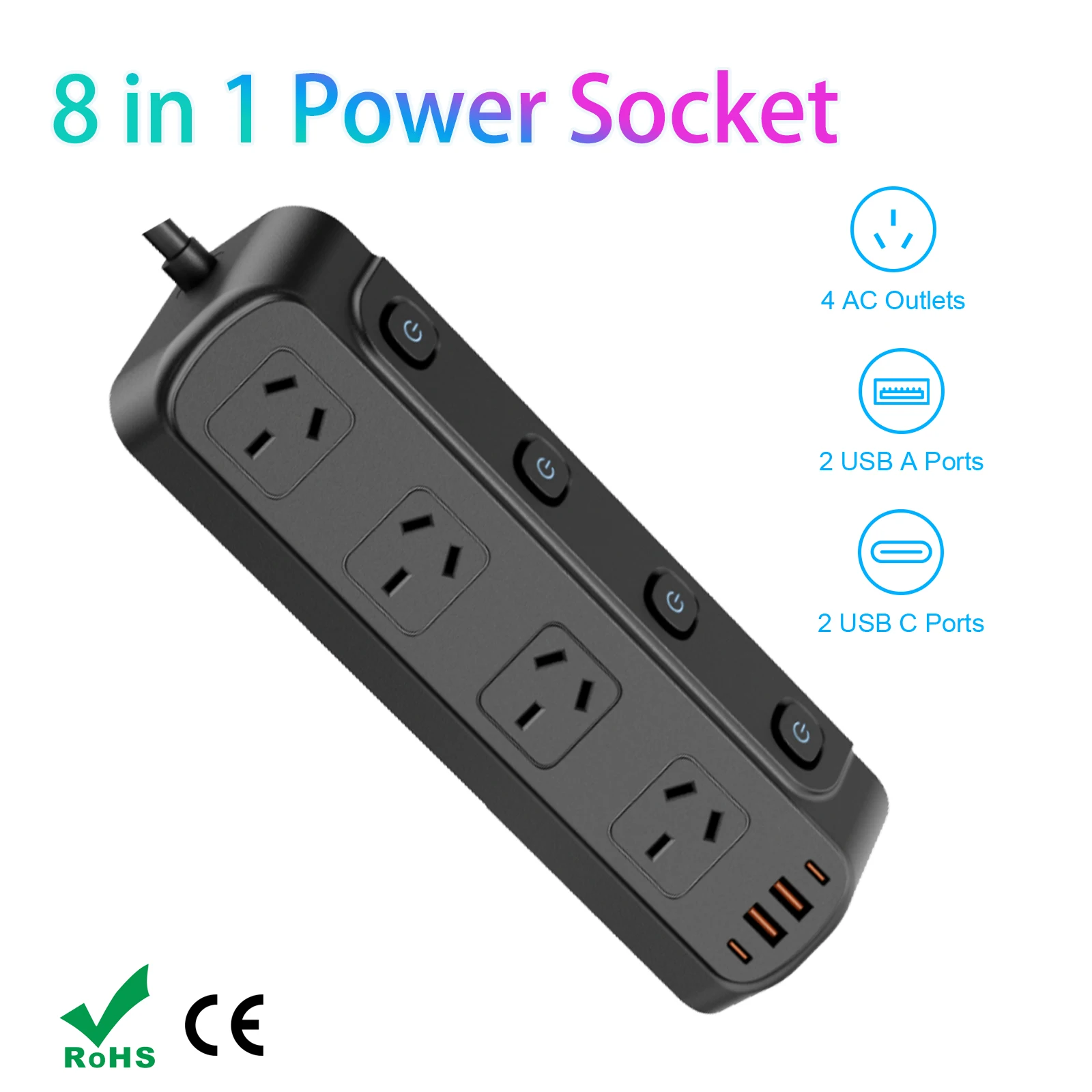 オーストラリア規格の個別スイッチ付き電源ソケット、2m延長コード、オフィス用デスクトップ電源ボードusb充電pd20w