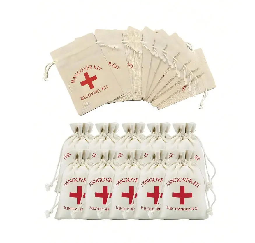 2/5PCS Hangover Emergency Kit, Burlap Bags, Canvas Bags, Survival Kits, Wedding Favor Bags, Red Cross Linen Gift Bags, Suitable