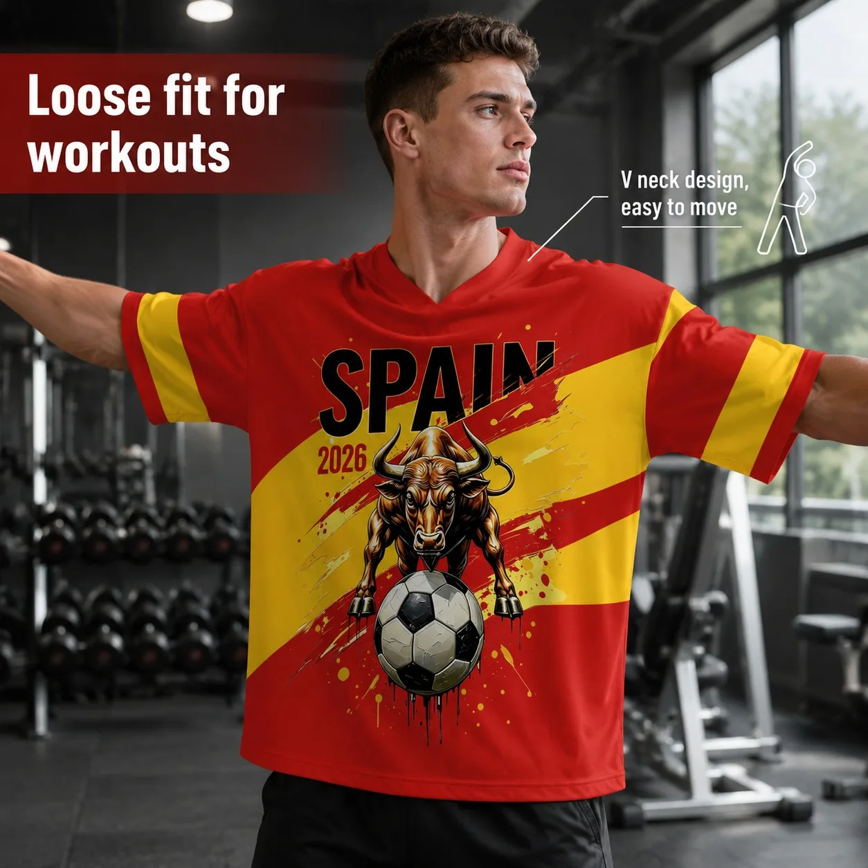 Ropa de fútbol para hombre Spanish Bulls con franjas de bandera rojas y amarillas, camiseta deportiva informal holgada con estampado Splash