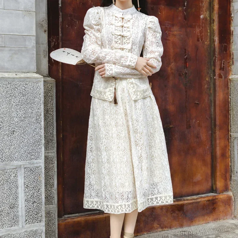 

Абрикосовая кружевная блузка + юбки с высокой талией, женские винтажные комплекты из двух предметов с крючками и цветком, женский летний комплект с длинными рукавами для вечеринки